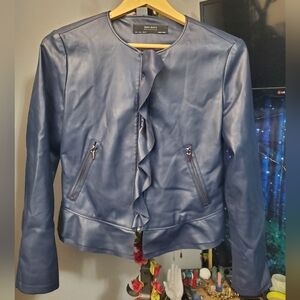 Zara Blue Faux-Leather Jacket With Frill Size Large